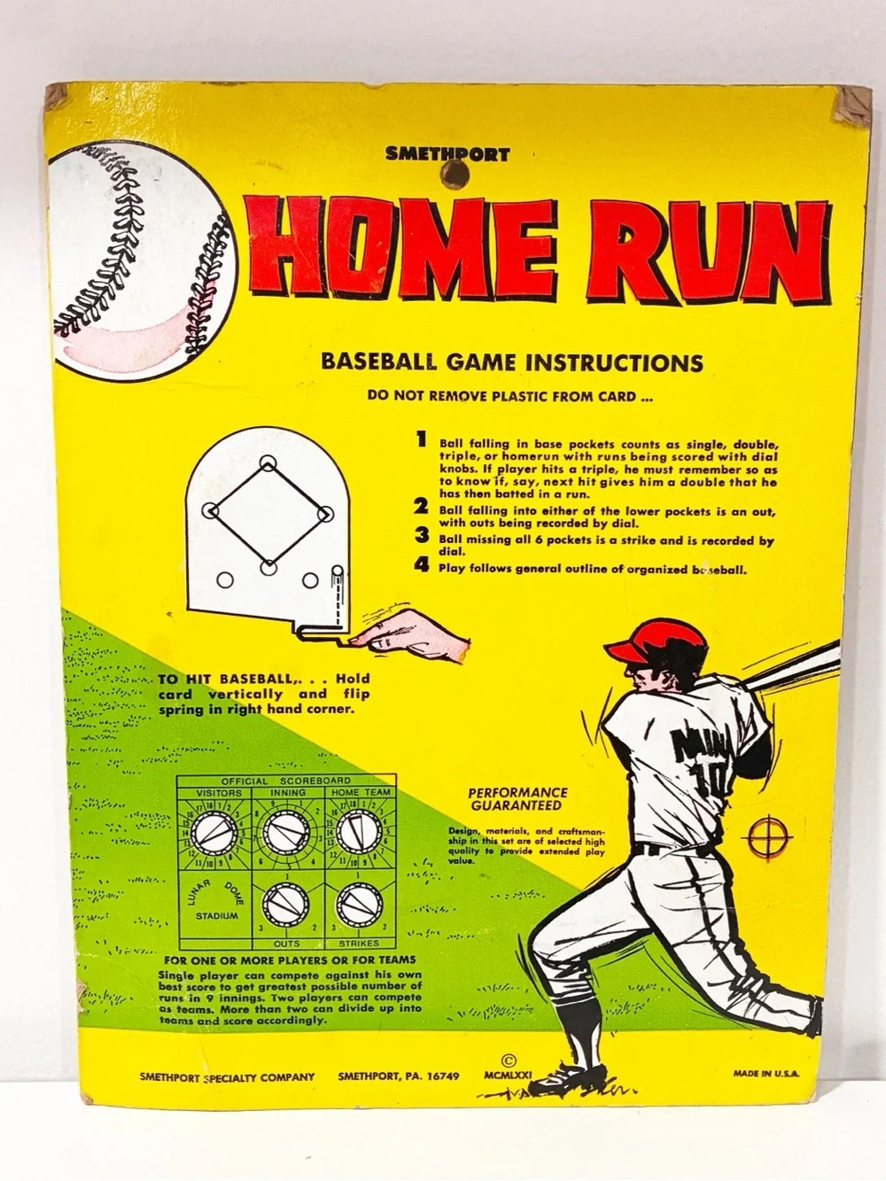 Vtg HOME RUN Marble Baseball Game ~ Smithport Carded Table Top Game